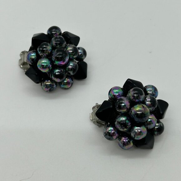 Vintage Japan Black Iridescent Bead Necklace Clip-On Earrings Set Elegant READ - Picture 10 of 14